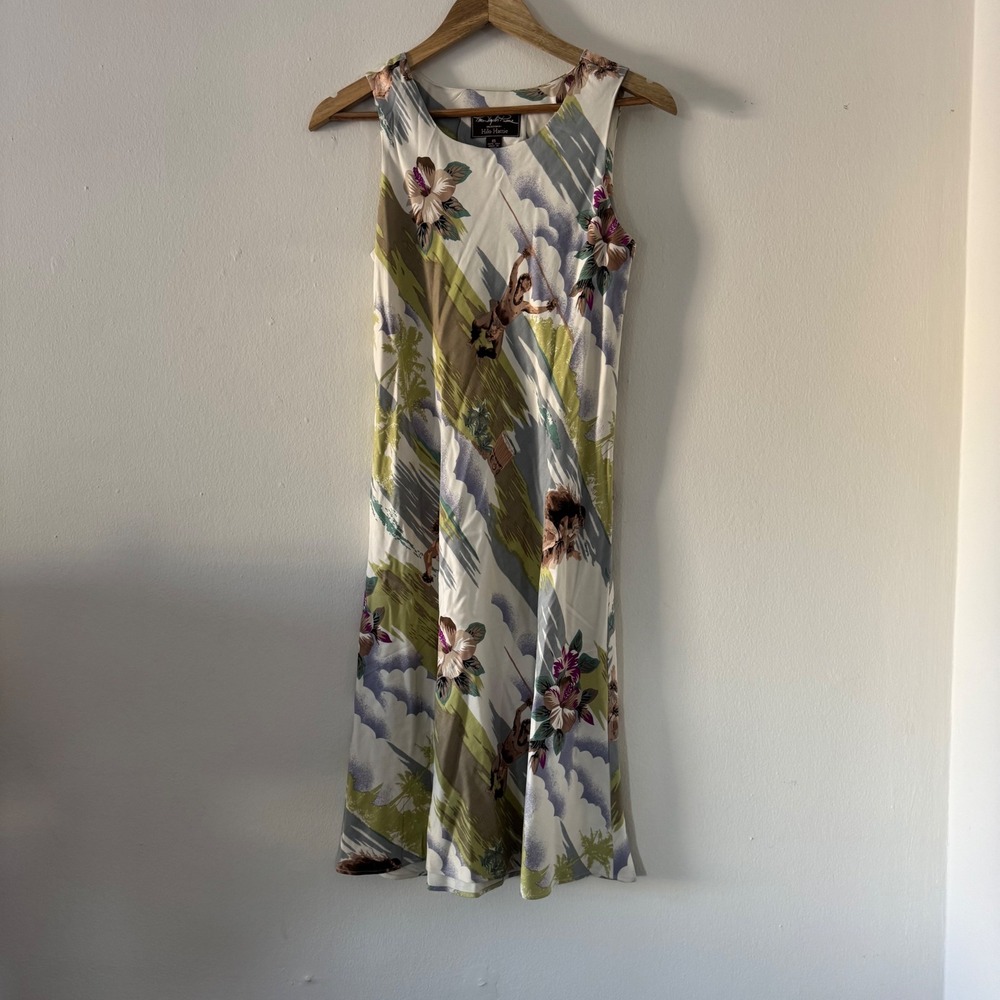 Hilo Hattie 100% Silk Dress XS Hawaiian Hula Print Tropical Vacation Coastal